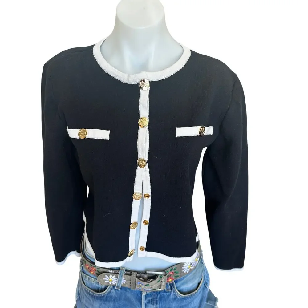 Alexia Admor Black White Career Cardigan Sweater SMALL Preppy Bolero Jacket $169 - Picture 10 of 13